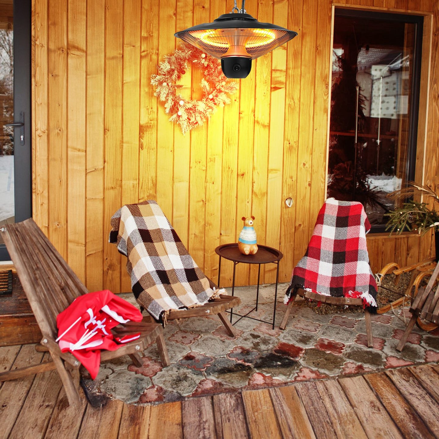 1500W Outdoor Patio Heater Electric Hanging Heated Ceiling Mounted Heating Lamp IP23 Waterproof With 3 Heating Levels 30Mins 60Mins Timer 2 Remote Control For Garage Balcony Courtyard