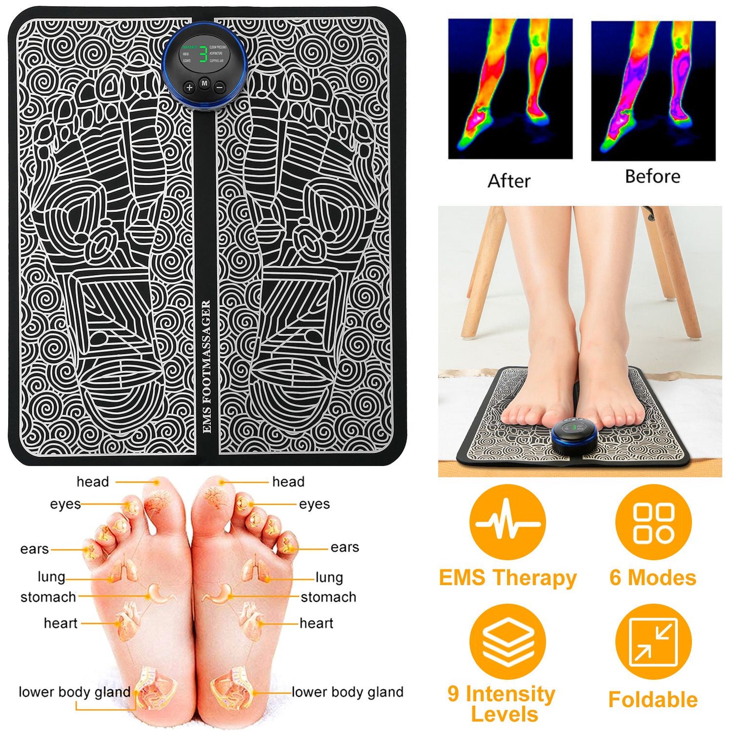 EMS Foot Massage Pad Electric Stimulator Massager Unit Rechargeable Leg Reshaping Muscle Pain Relax Massage Mat W-6 Modes 9 Intensity Levels