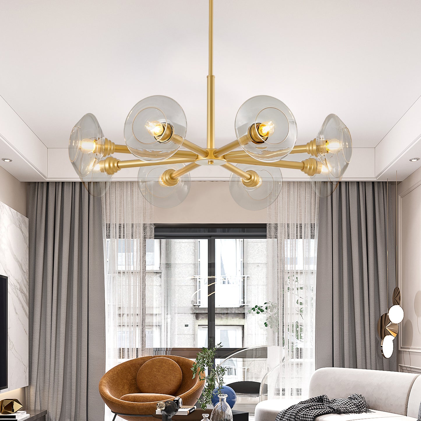 36  Modern Gold 8-Light Sputnik Chandelier With Clear Glass Shades, Mid-Century Hanging Pendant Light Fixture For Dining Room, Living Room, Or Kitchen Bulb Not Included