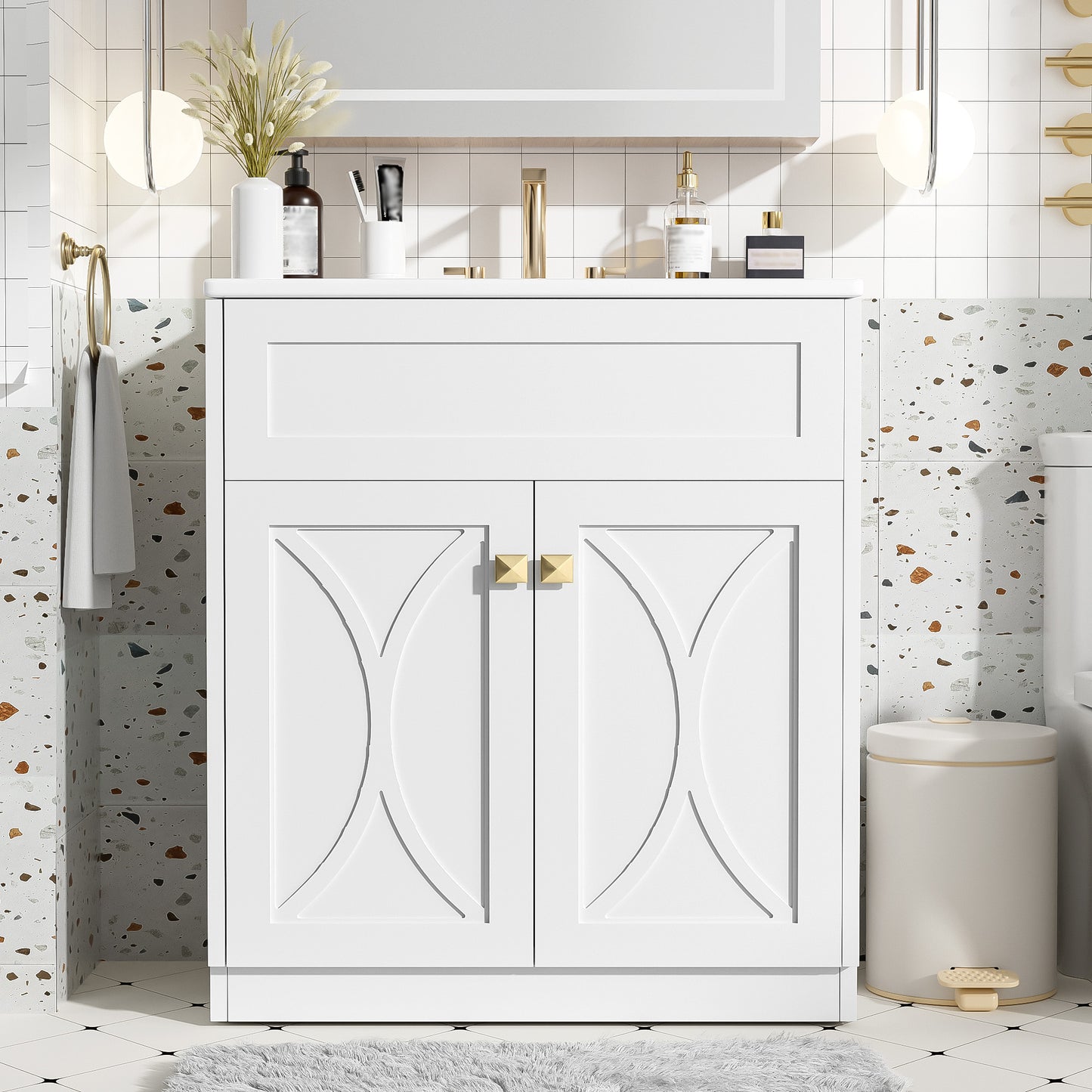 30 Bathroom Vanity With Ceramic Sink Combo, Modern Freestanding Storage Cabinet With Gold Handles,Soft Closing Doors