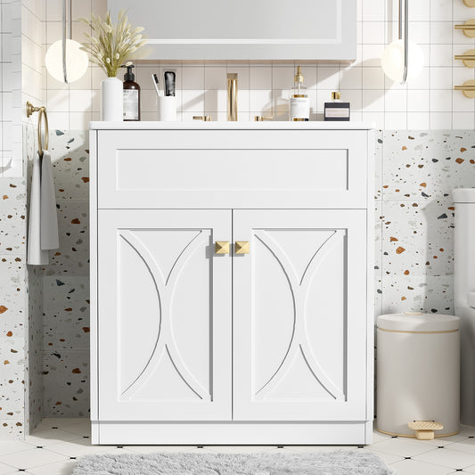30 Bathroom Vanity With Ceramic Sink Combo, Modern Freestanding Storage Cabinet With Gold Handles,Soft Closing Doors