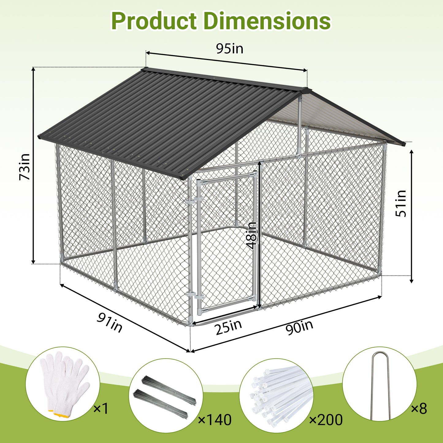 7.5'x7.5' Outdoor Heavy Duty Dog Kennel For Large Dogs, Rust-Proof Coated Wire Mesh Dog Cage With Sturdy Metal Roof, Secure Lock & All Weather Metal Enclosure