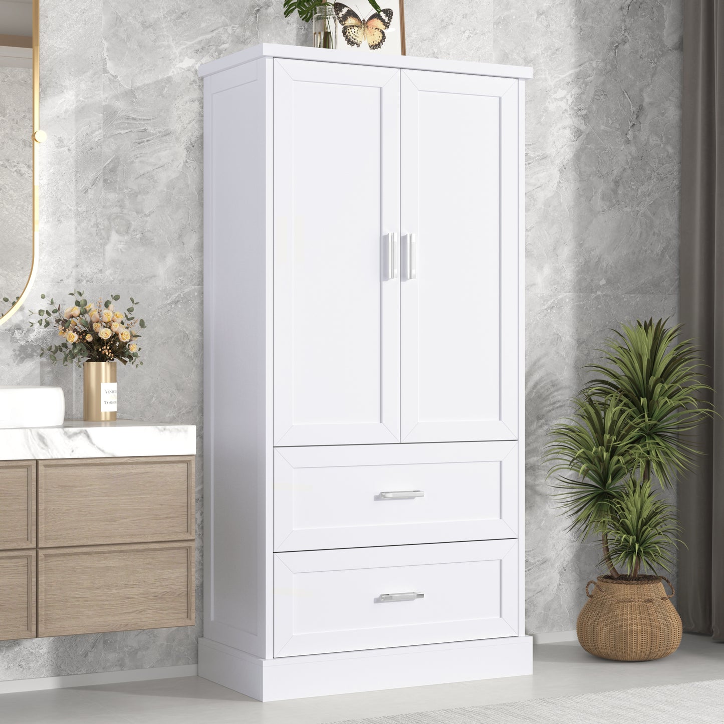 Tall Bathroom Storage Cabinet, Cabinet With Two Doors And Drawers, Adjustable Shelf, MDF Board, White, Two Packages Old SKU N725P178675K