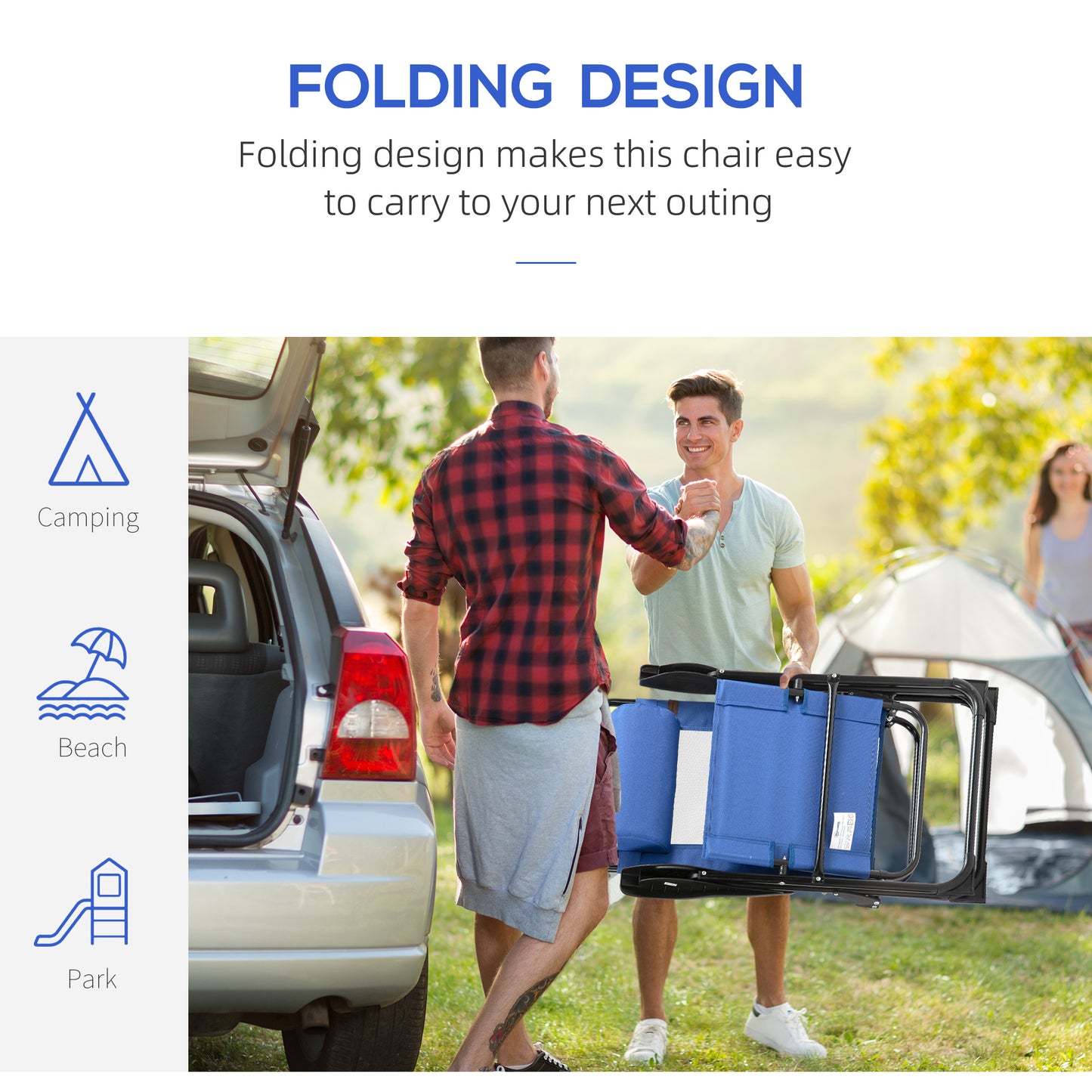Folding Patio Dining Chairs Set Of 2, Outdoor Deck Chair With Removable Headrest, Camping Chair With Adjustable Sling Back For Garden, Backyard, Lawn, Blue