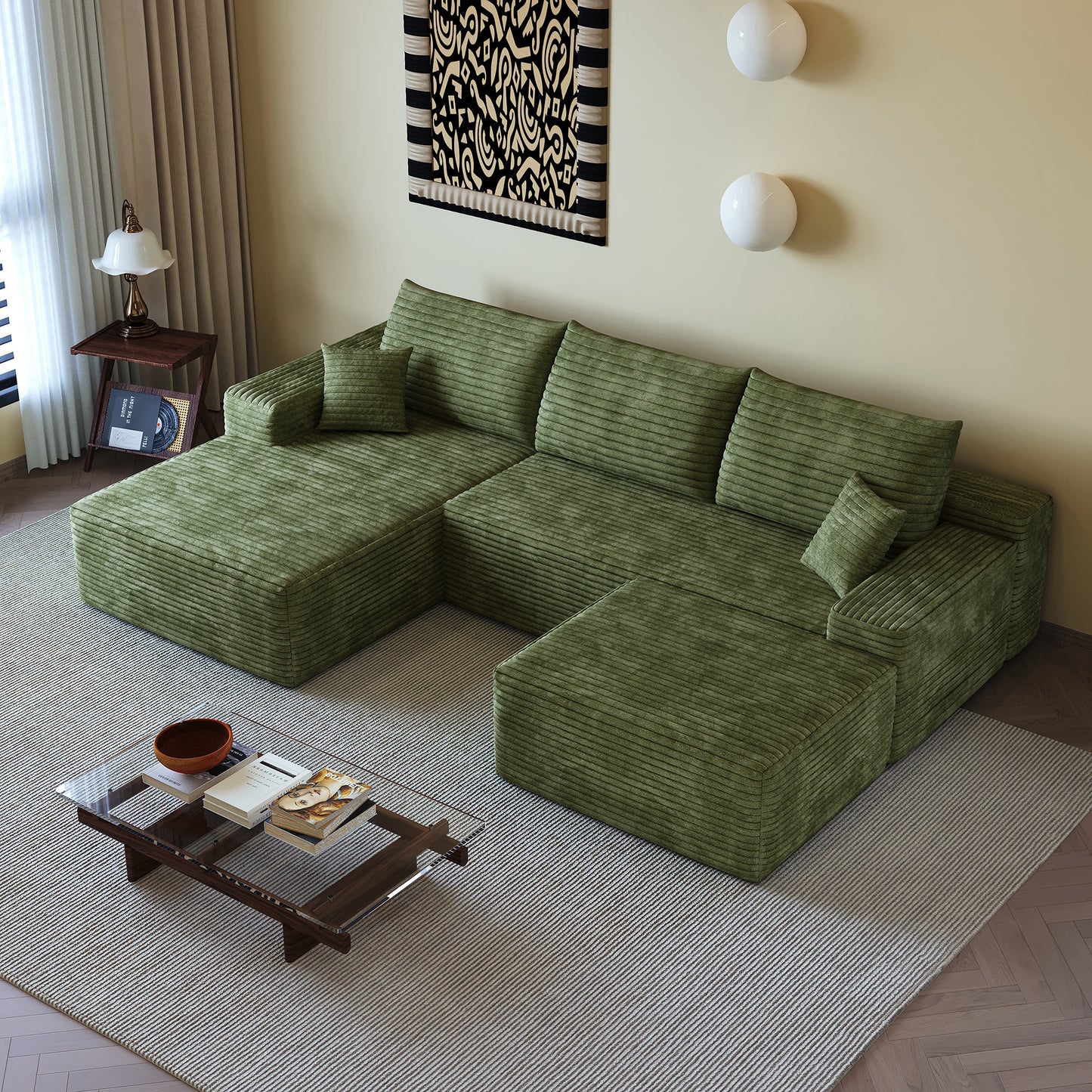 107 Cloud Sectional Sofa With 1 Ottoman,Modern Minimalist Upholstered Couches,Comfort U Shaped Sofa For Living Room,Deep Seat Corner Couch,No Assembly Required  Plush Corduroy Fabric ,Green