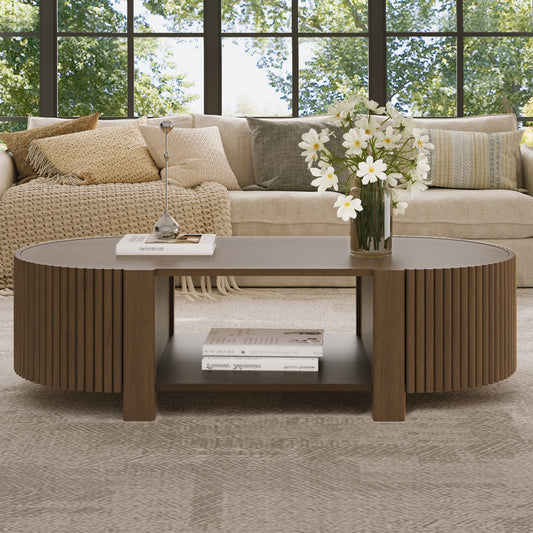 Oval Fluted Coffee Table With Storage For Living Room, Rubber Solid Wood, 1 Shelf & 2 Open Storage Doors, Walnut, 47