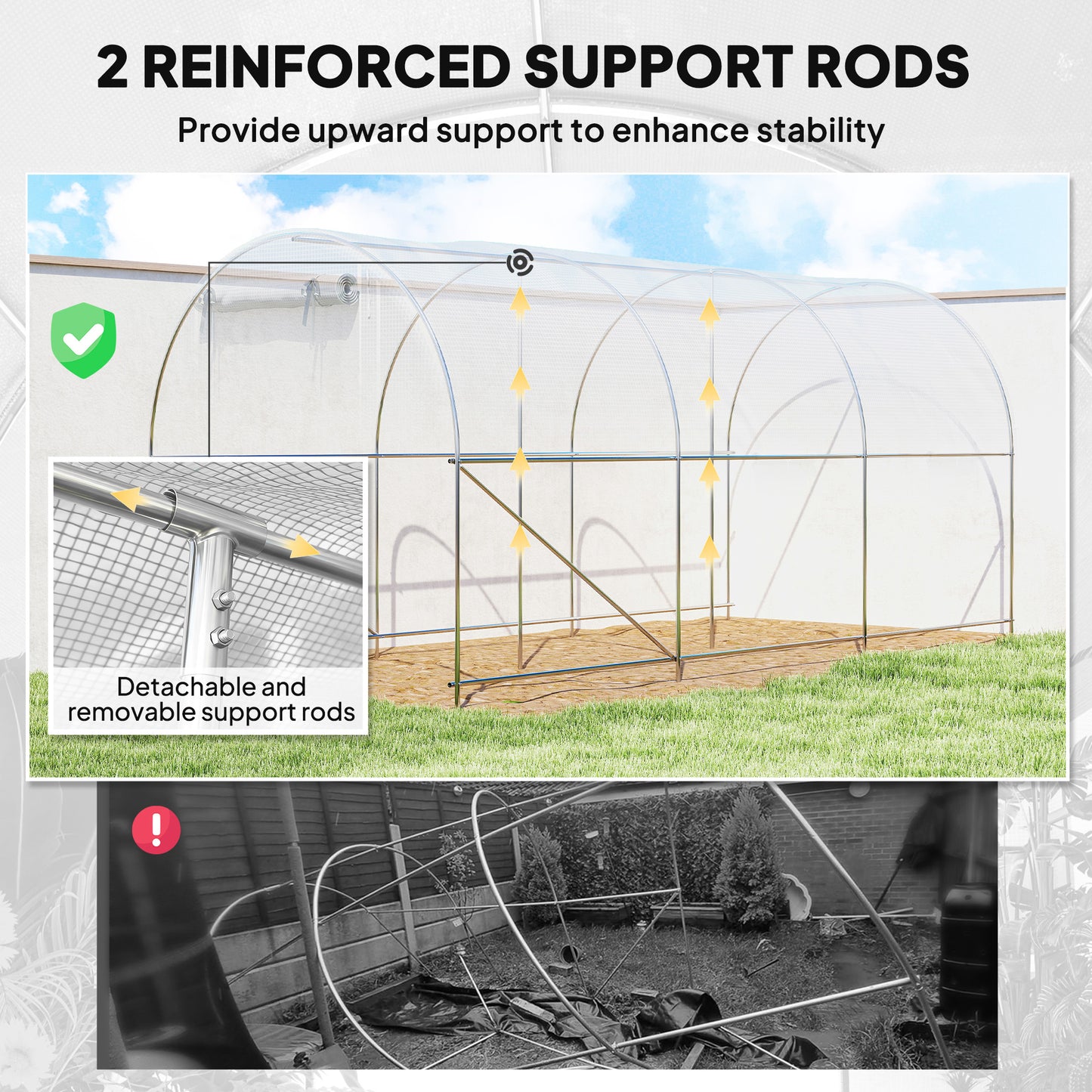 Hoop House Greenhouse, Walk-in Tunnel Greenhouse With 2 Support Rods, Zippered Roll-up Mesh Door, 14.6'x6.5'x6.6', White