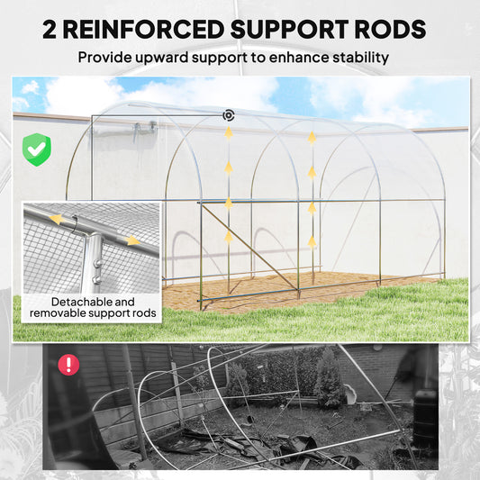 Hoop House Greenhouse, Walk-in Tunnel Greenhouse With 2 Support Rods, Zippered Roll-up Mesh Door, 14.6'x6.5'x6.6', White
