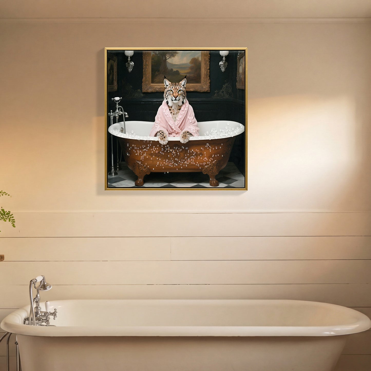 Tiger In Bathtub Wall Art Print Poster, Bathroom Decor Posters Prints For Restroom Home Picture Painting Artwork Gallery 1  Tiger, 16 X 16 Inches, Wood Frame