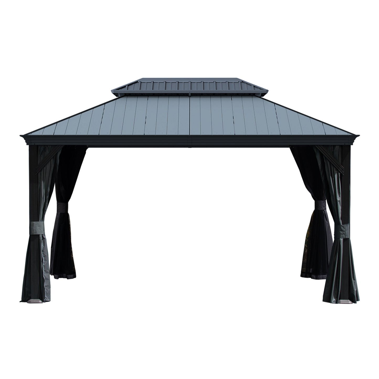 10 X14  Hardtop Gazebo With Resin Roof, Outdoor Metal Gazebo With Drainage Gutters, Permanent Heavy Duty Pavilion For Patio, Backyard And Deck, Curtains And Mosquito Netting Included