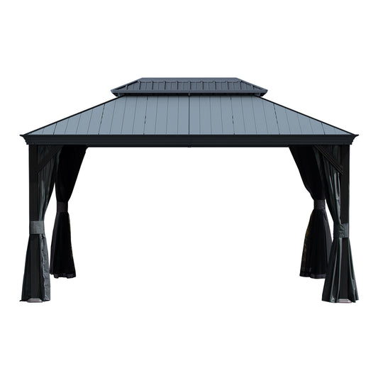 10 X14  Hardtop Gazebo With Resin Roof, Outdoor Metal Gazebo With Drainage Gutters, Permanent Heavy Duty Pavilion For Patio, Backyard And Deck, Curtains And Mosquito Netting Included