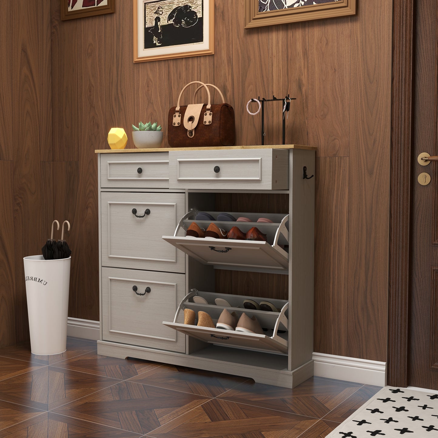 Shoe Storage Cabinet With 2 Drawers, 4 Flip Drawers, Freestanding Shoe Cabinet Organizer With Adjustable Shelf, Shoe Cabinet For Entryway, Foyer, Slim Shoe Cabinet-Antique White