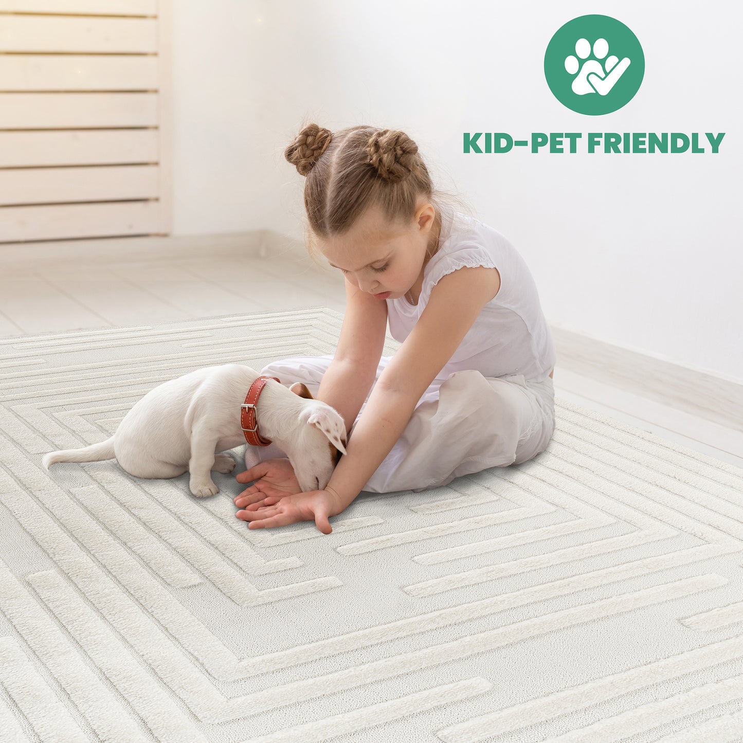 Step Collection High-Low Striped Cream Indoor Runner Rug, 2'2''x8', Modern, Contemporary, Geometric, Bohemian, Bedroom, Kitchen, Living Room, Hallway, Non Shedding Carpet
