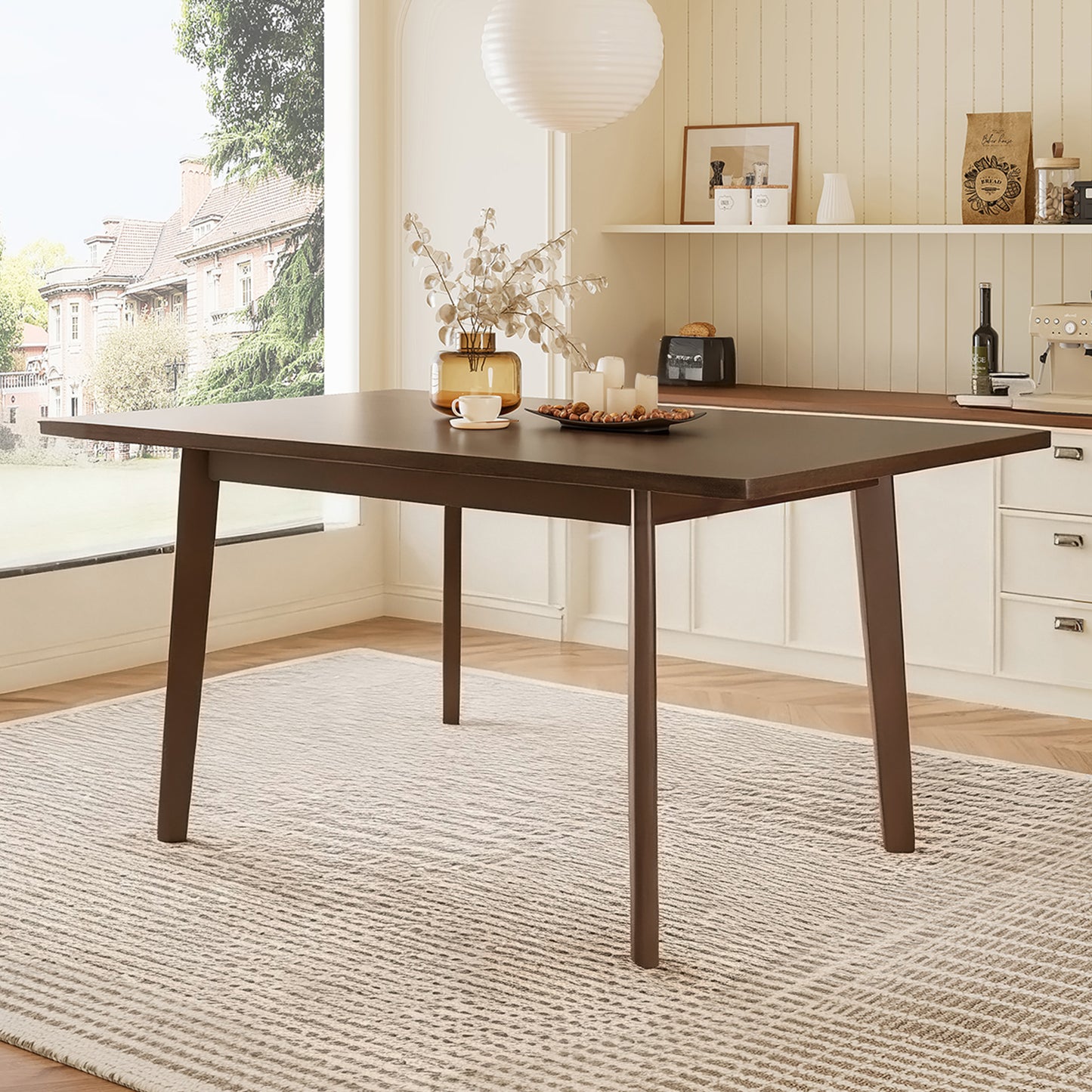 60  Rustic Farmhouse Dining Table - Solid Wood Frame, Minimalist Modern Dining Table For Kitchen, Dining Room, Living Room, Walnut