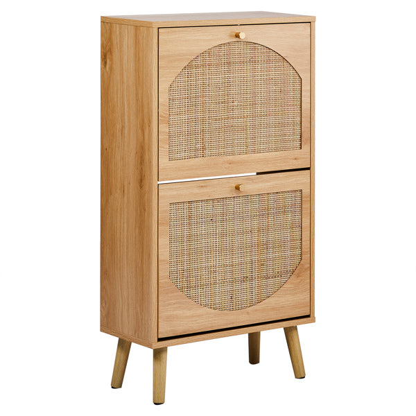 2-Tilt Shoe Cabinet With Arched Rattan Surface, MDF With Triamine, 54x24x98cm, Natural Wood Color