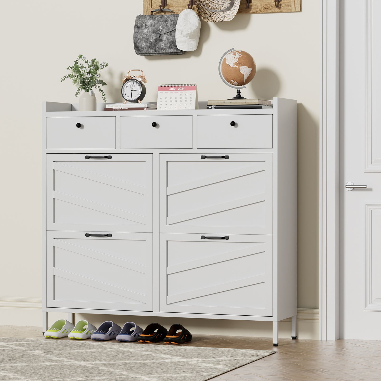 Metal Shoe Cabinet White - 4 Flip Drawers   3 Drawers, Slim 11.8 D Freestanding Steel Shoe Organizer, Anti-Tip Hidden Entryway Shoe Rack