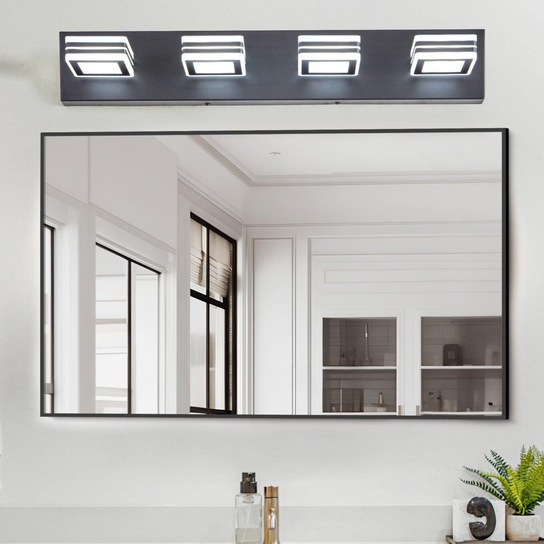 26  Modern Black 4-Light LED Vanity Light, Square Acrylic Lampshades Wall Mount Fixture For Bathroom, Mirror Lighting