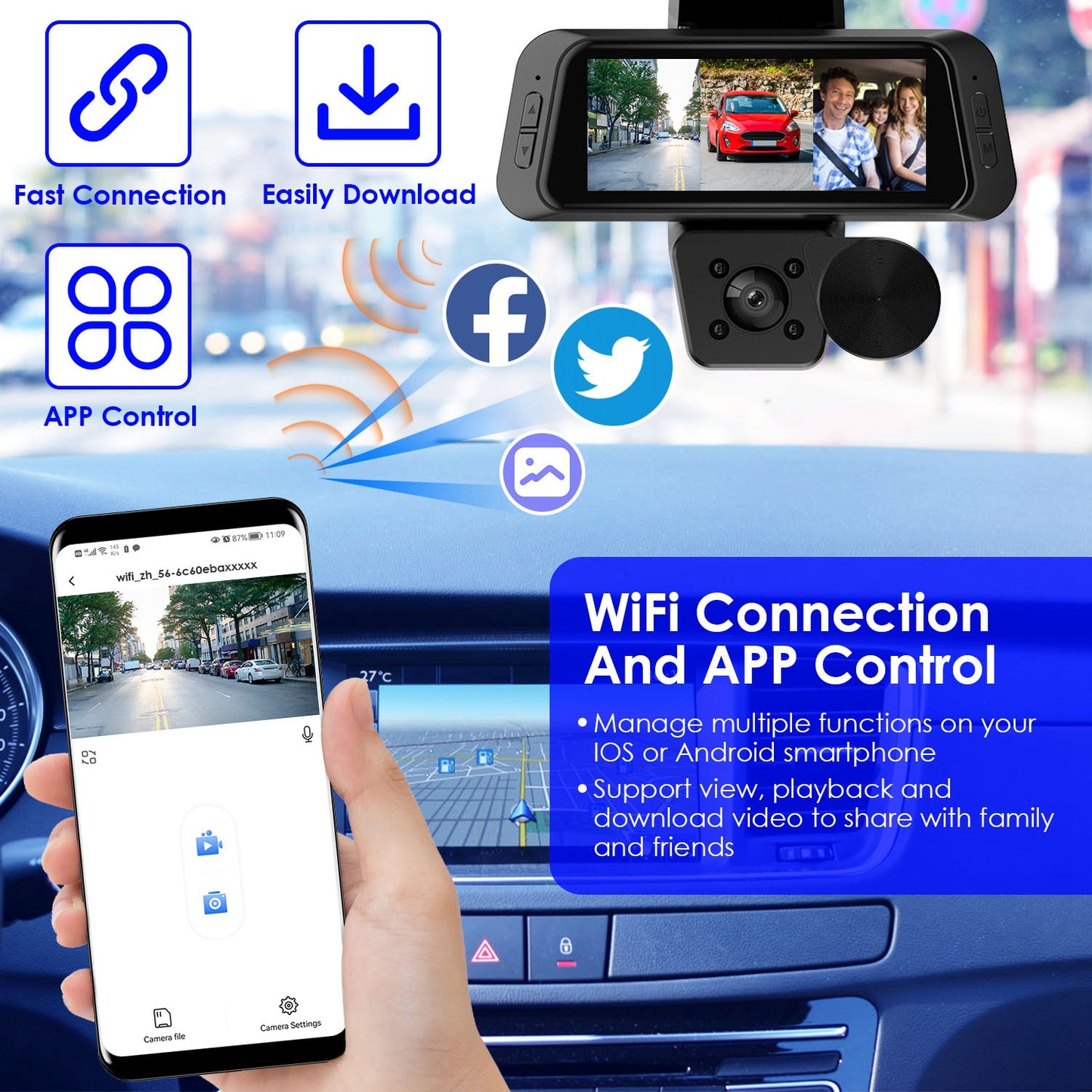 1080P FHD 3 Channel WiFi Dash Cam 170 Degree Wide Angle Triple Car Camera With IR Night G Sensor Motion Detection Loop Recording App Control Support 128G Max