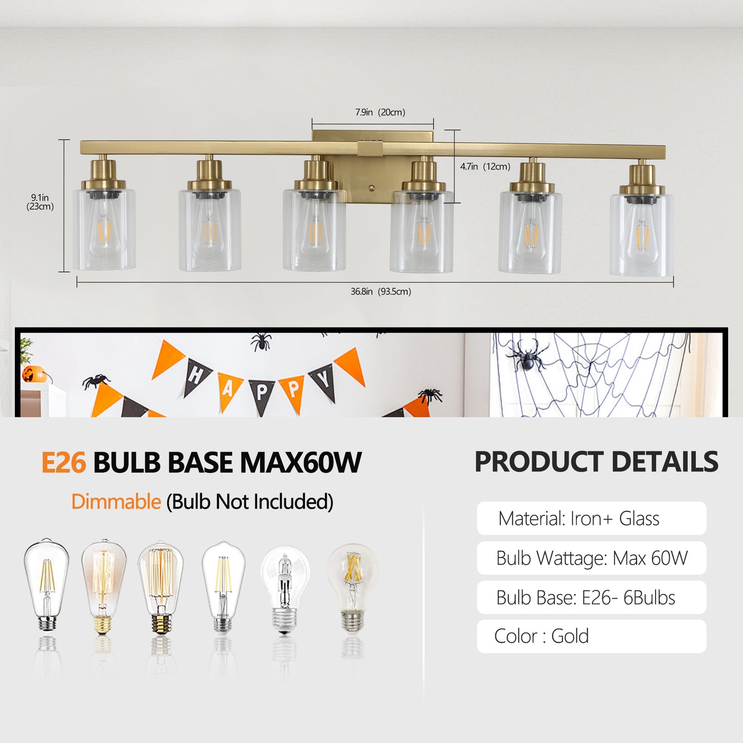 37  Golden 6-Light Vanity Light With Clear Glass Shades, Modern Iron Metal Bathroom Wall Fixture For Mirror, Ideal For Bathroom And Dressing Table -No Bulbs