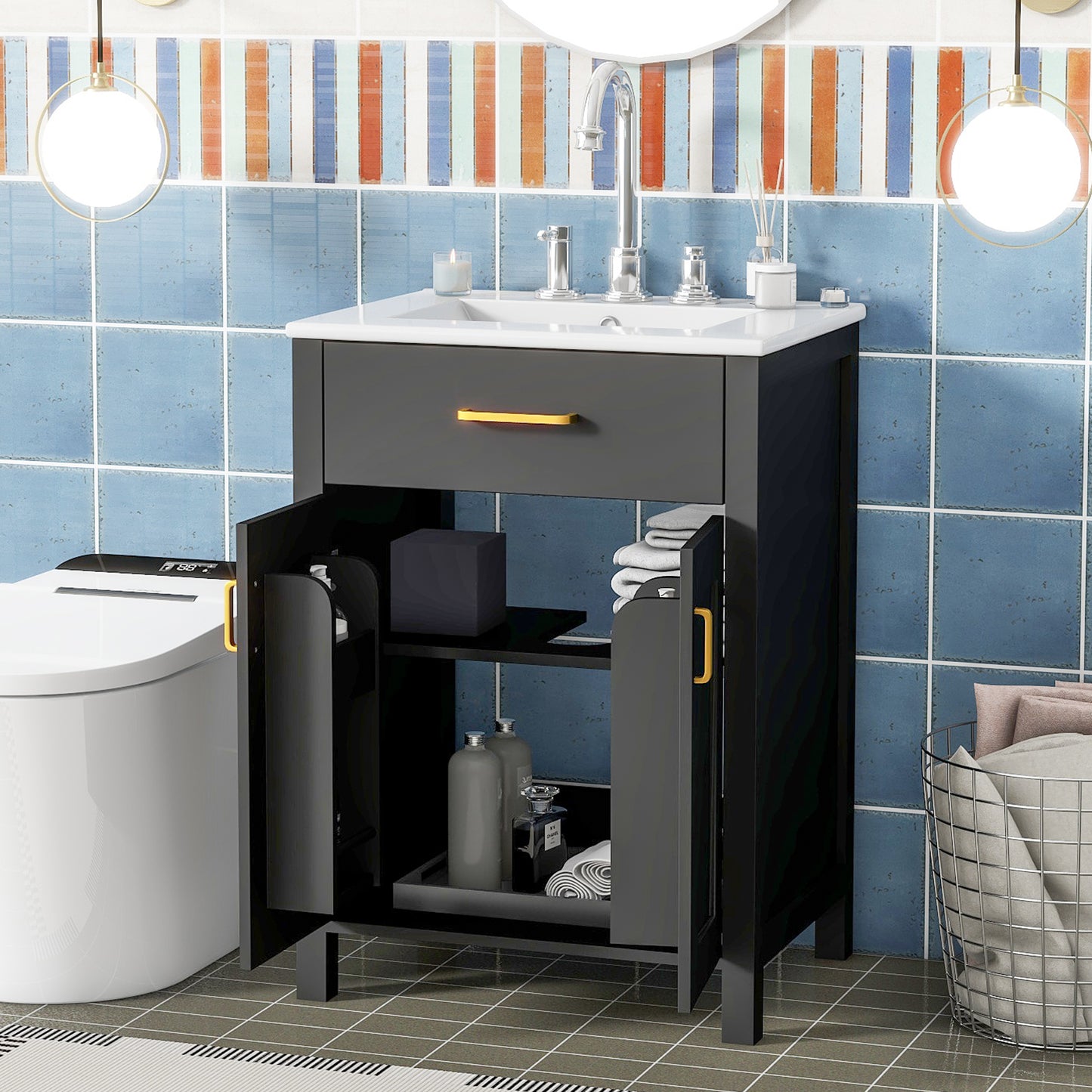 24 Bathroom Vanity Combo With Ceramic Sink, Luxurious Space-Saving Vanity - W24 XD18 XH34 Inch, 2 Soft Close Doors