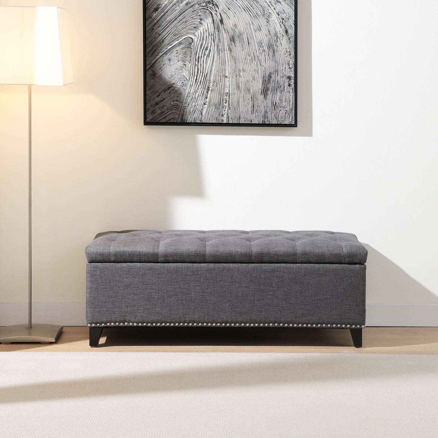 47.5  Storage Ottoman, Storage Bench With Safety Close Hinge, Linen Button-Tufted Ottoman For Living Room, Entryway, Hallway, Foot Rest, Support 500lbs - Dark Grey