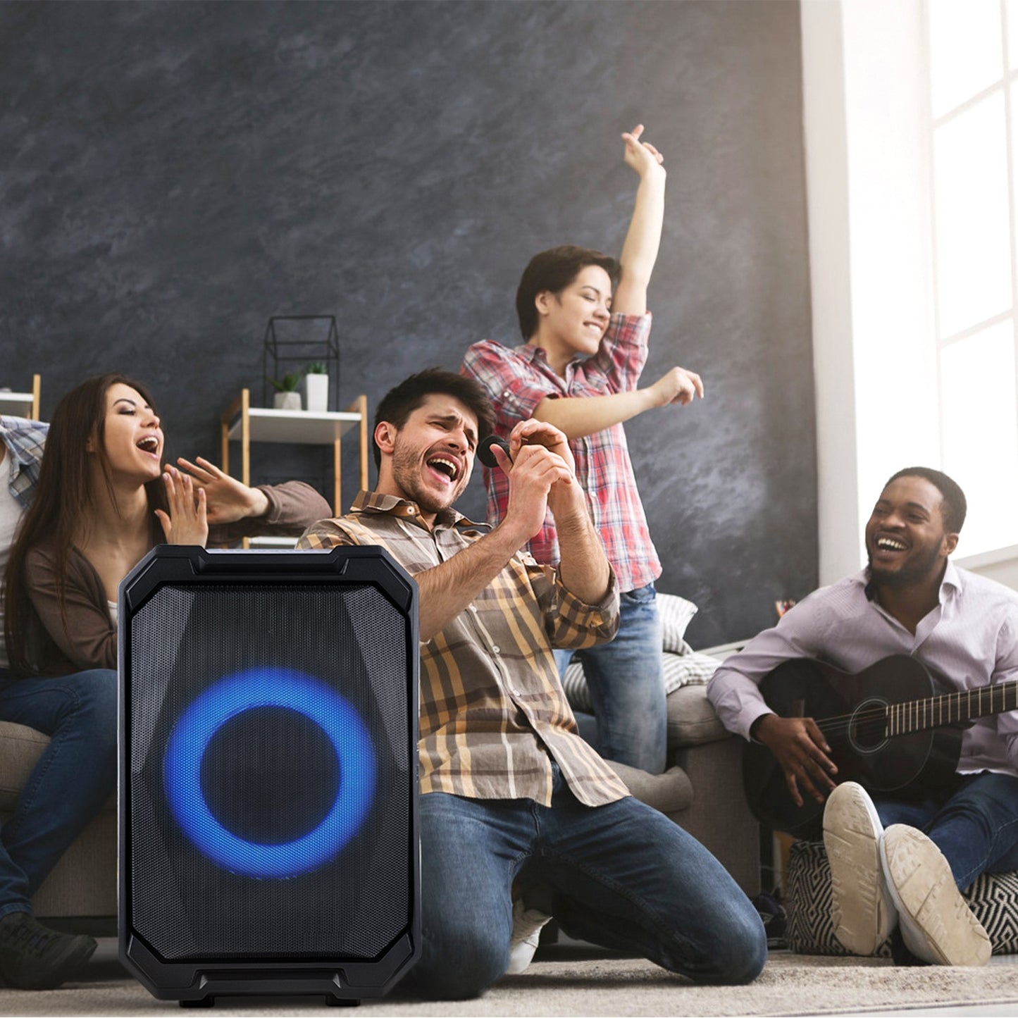 1Pc Portable Wireless Party Speaker With LED Light 2 Wireless Mics Remote Control TWS Music Accompany Mic. Priority Bass Echo Mic Treble Guitar In