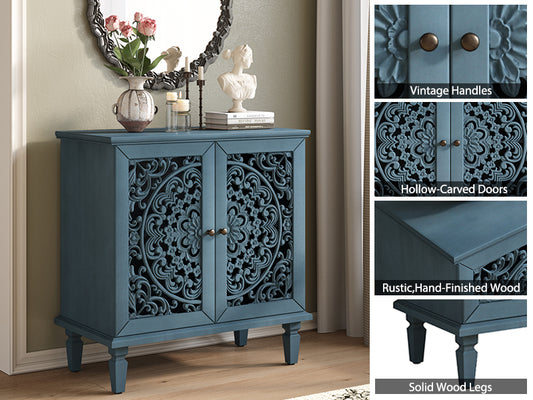 Vintage Hollow-Carved Accent Cabinet, 2-Door Display Storage Sideboard With Symmetrical Floral Design, Adjustable Shelf And Solid Wood Legs For Living Room Entryway Antique Blue