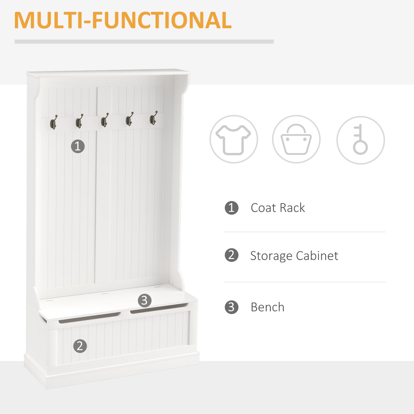 3-In-1 Entryway Bench With Coat Rack, Hall Tree With Bench And Shoe Storage, 5 Hooks For Hallway Cream White