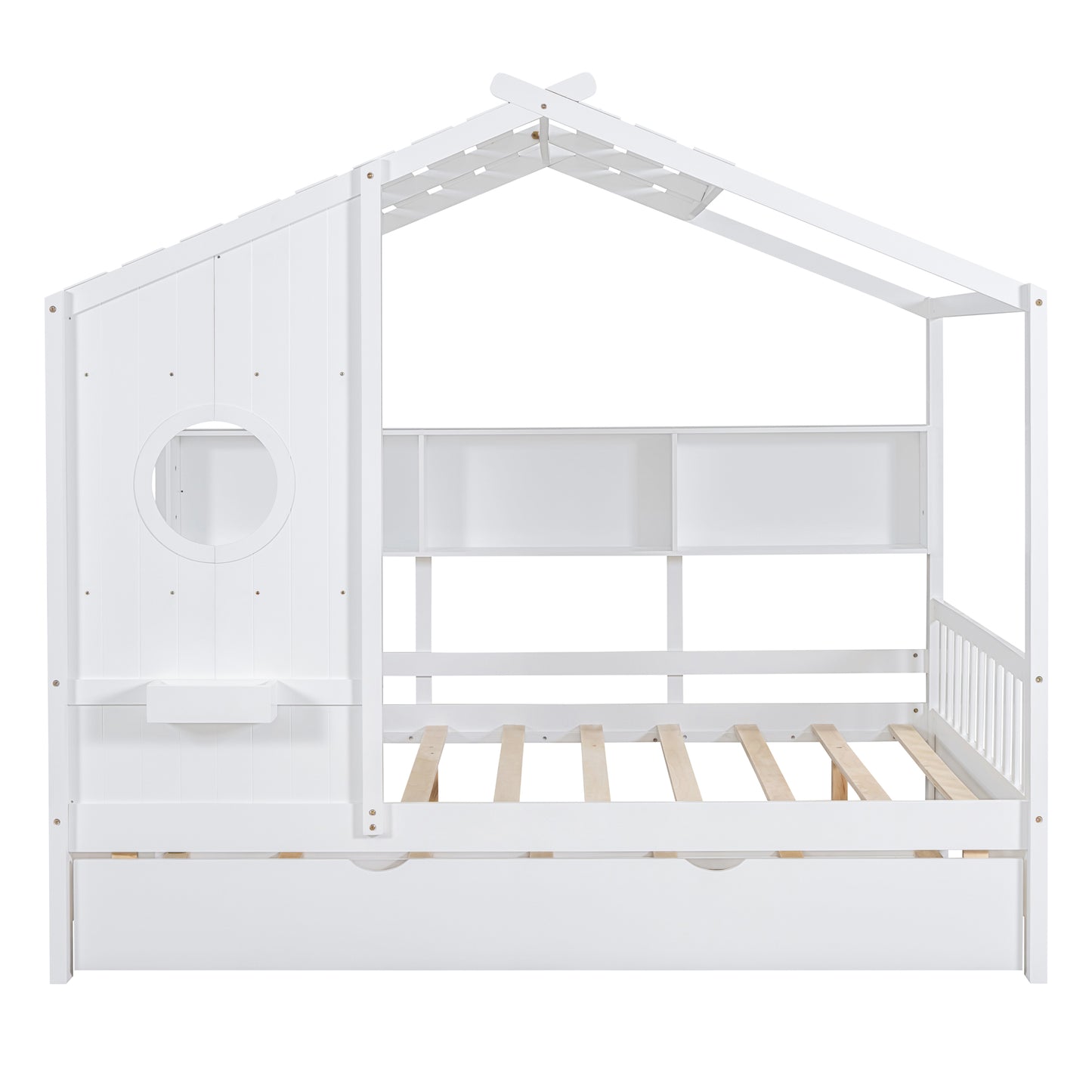 Wooden Full Size House Bed With Trundle, Modern Design For Kids With Storage Shlef, White Old SKU HL000095AAW