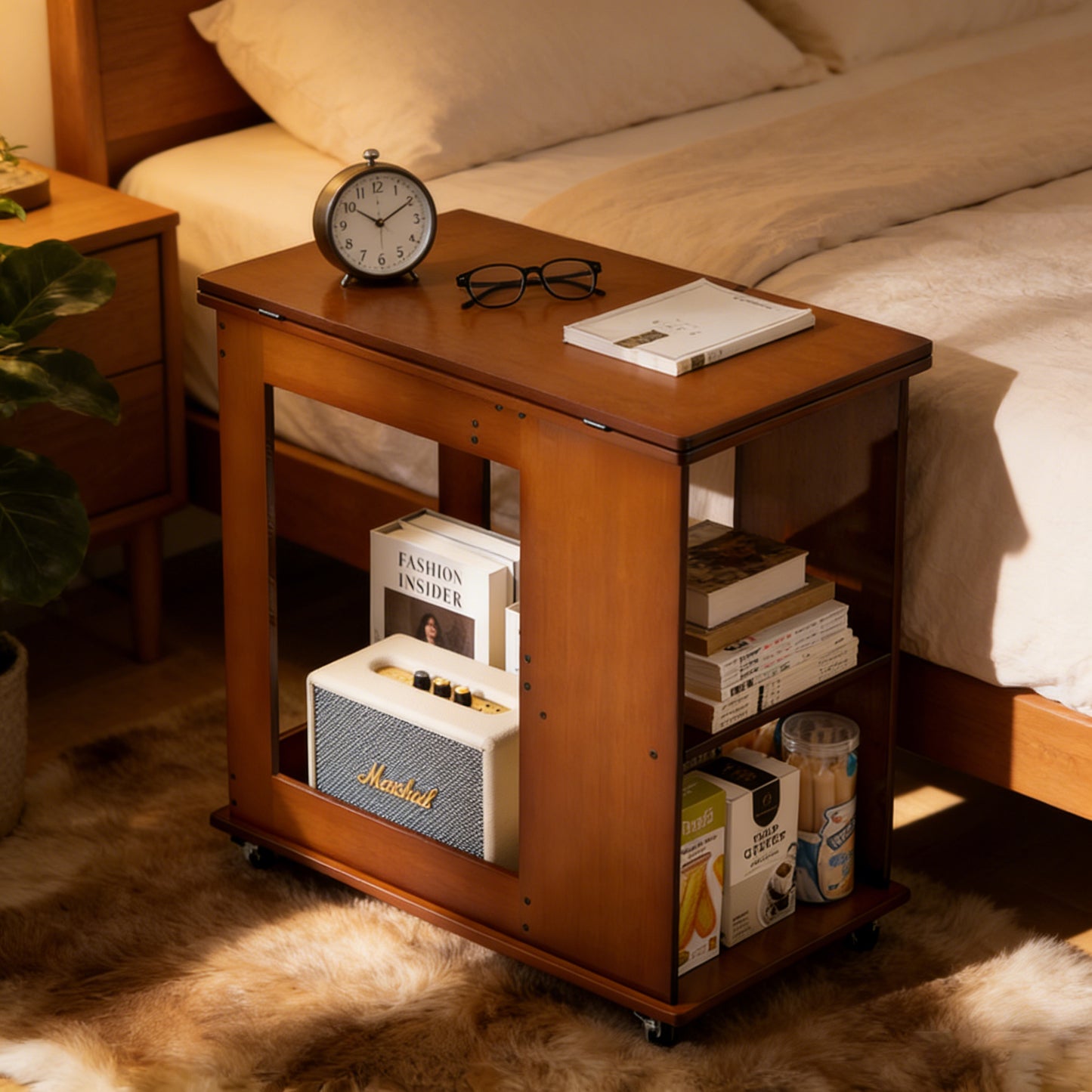 Bamboo Folding Edge Table With Movable Storage, Foldable Tabletop Suitable For Beds And Sofas, Saving Space, Multiple Storage Spaces, Natural Texture
