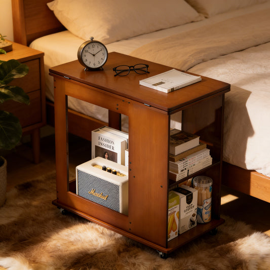 Bamboo Folding Edge Table With Movable Storage, Foldable Tabletop Suitable For Beds And Sofas, Saving Space, Multiple Storage Spaces, Natural Texture