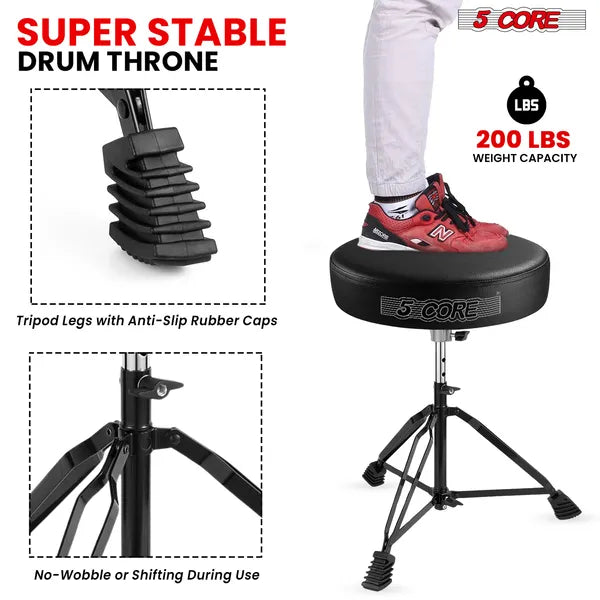 5 Core Drum Throne 3 Inch Thick Padded Comfortable Guitar Stool Double Braced Drummer Chair Height Adjustable Musician Seat For Adults And Kids Black - DS BLKCH BLK