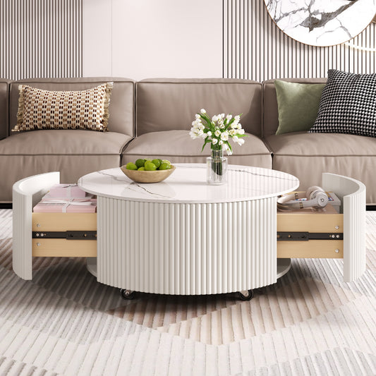 Modern Round Movable Coffee Table With Casters, 2 Drawers, Marble Pattern Sintered Stone Top, White, 29.5