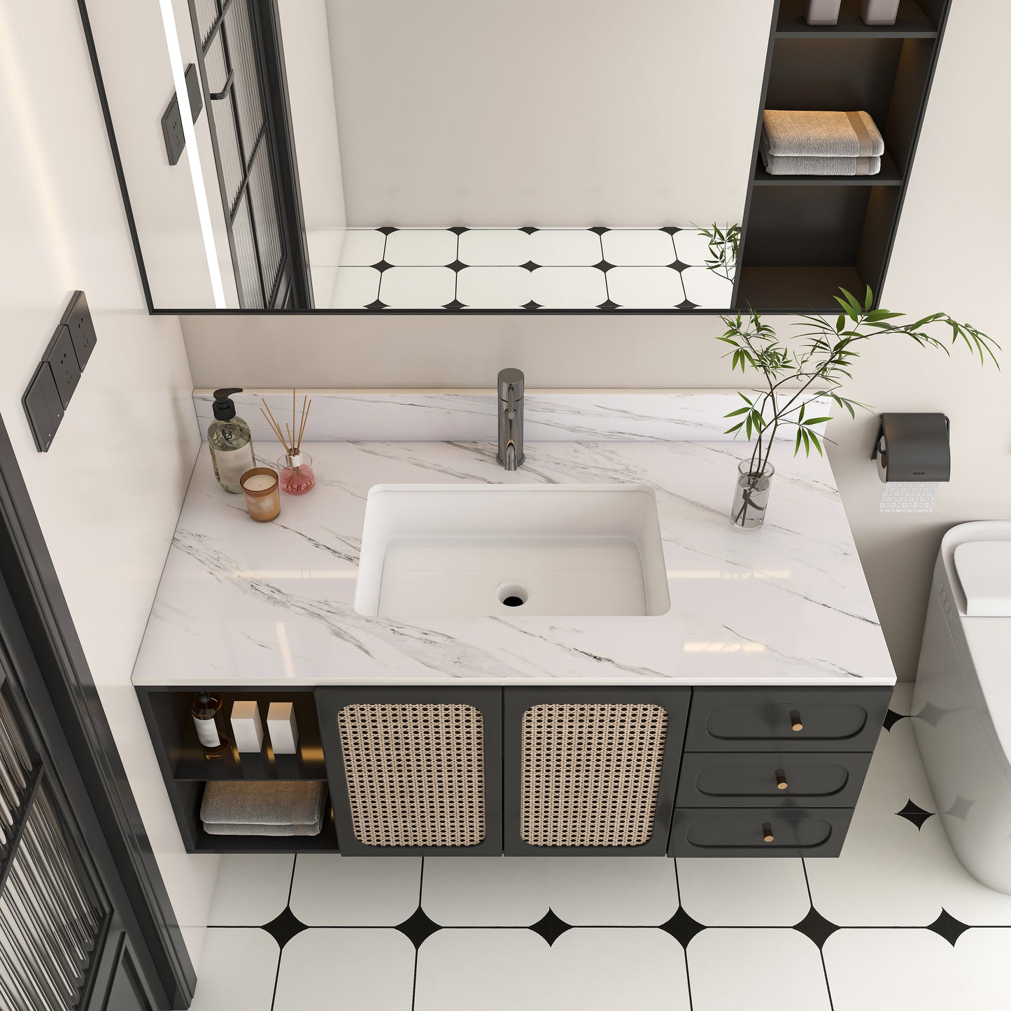 43 Inch Marble Vanity Top  White Vanity Top With 1 Pre-drilled Faucet Holes  Bathroom Vanity Top With Undermount Rectangular Middle Sink And 4 Height Backsplash   Bianco Carrara Venato