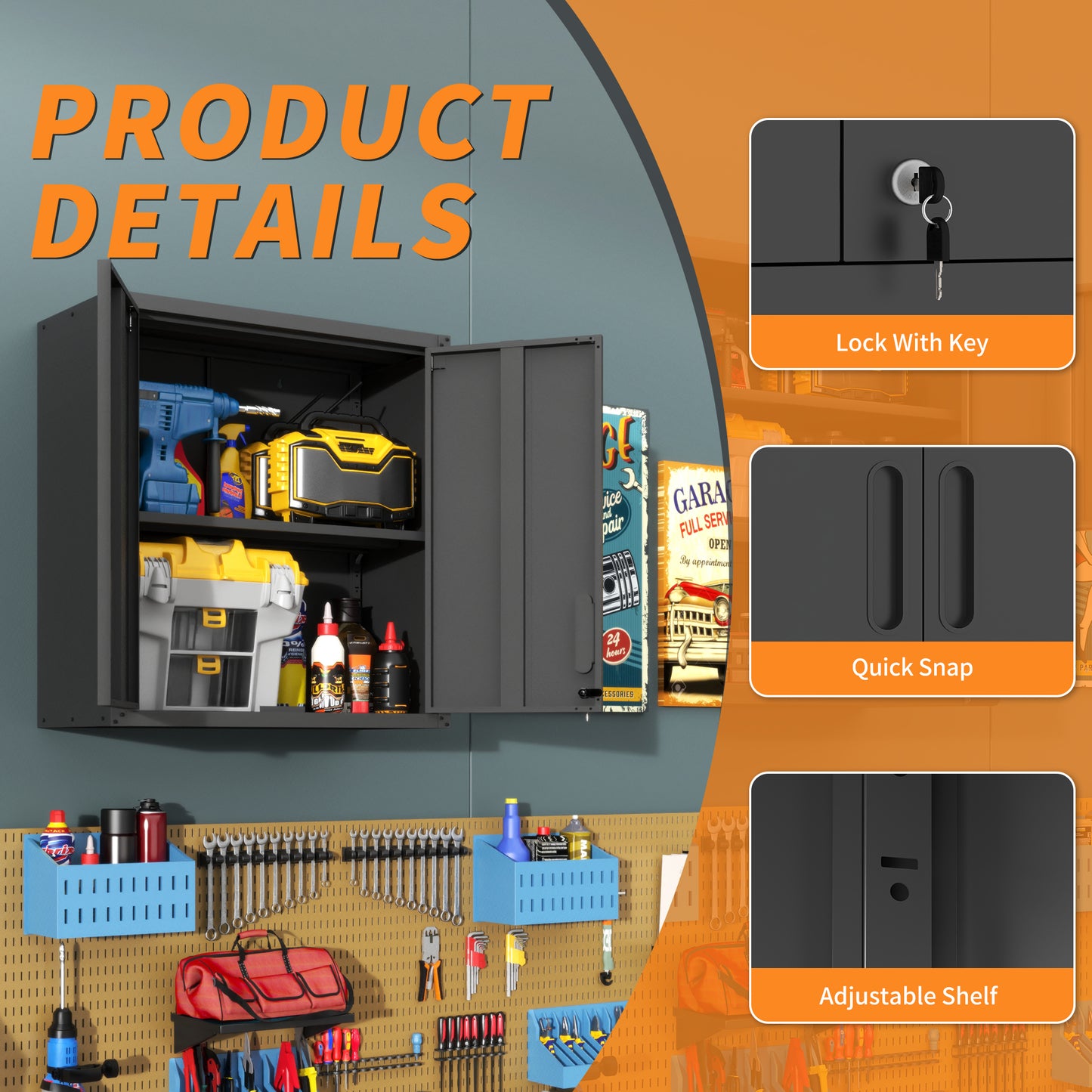 Metal Wall-Mounted Tool Storage Cabinet With 2 Locking Door 1 Adjustable Shelf 1 Opened Drawer For Garage Warehouse,Office,Assembly Required