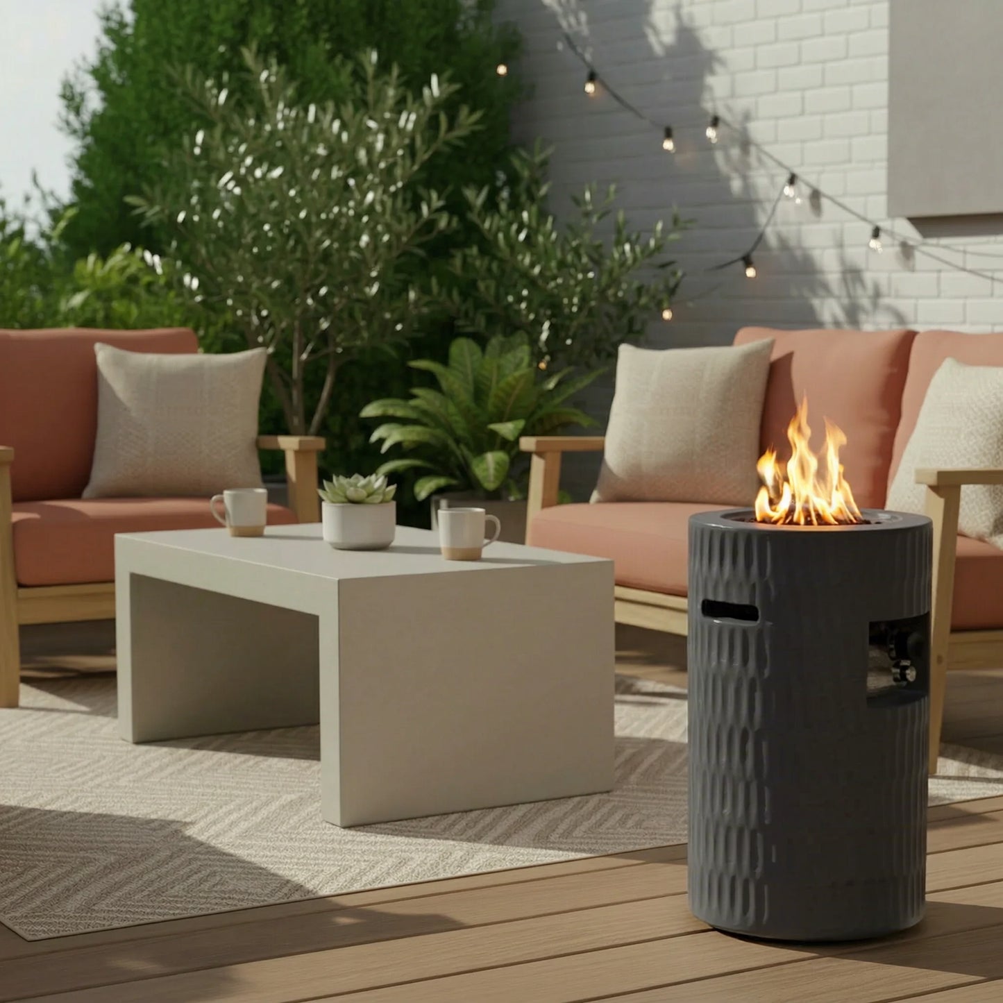 26 Propane Fire Pit Outdoor Gas Patio Fire Pit 40000 BTU Cylindrical Concrete Fire Pit With Hidden 20lb Tank Storage,Modern Textured Fire Column,Includes Lava Rocks &Waterproof Cover  Dark Grey