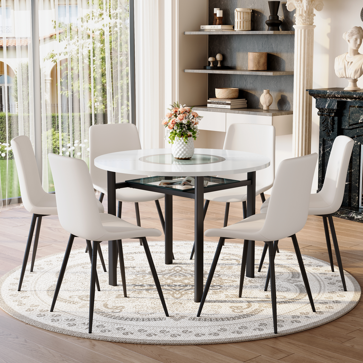 Table And Chair Set.42 Inch Modern Minimalist White Desktop Round Dining Table Set.Paired With 6 White Artificial PU Chairs With Curved Widened Cushion Design.Suitable For Dining Rooms,office,etc.