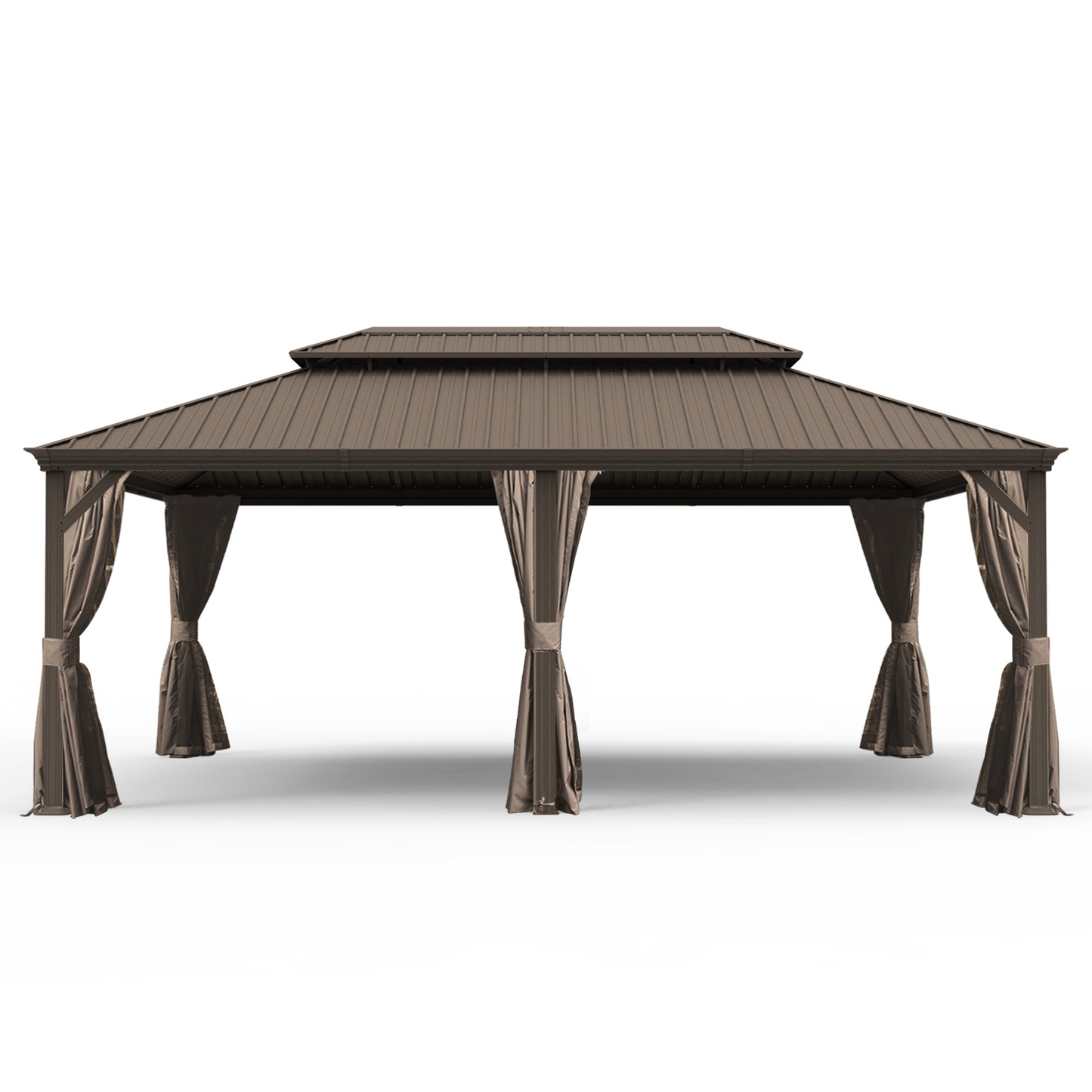14  X 20  Hardtop Gazebo, Upgraded Metal Gazebo With Drainage System, Dual-Layer Galvanized Steel Roof, Curtain And Netting, Outdoor Shelter Canopy For Patio, Garden, And Backyard, Brown
