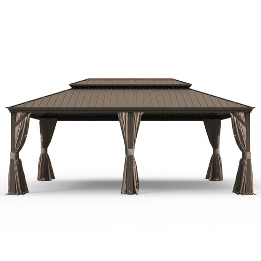 14  X 20  Hardtop Gazebo, Upgraded Metal Gazebo With Drainage System, Dual-Layer Galvanized Steel Roof, Curtain And Netting, Outdoor Shelter Canopy For Patio, Garden, And Backyard, Brown