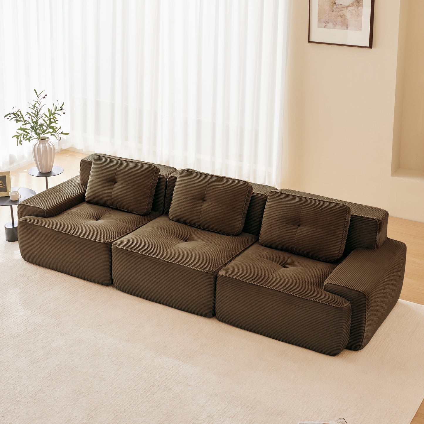 117 Modern Modular Sectional Sofa For Living Room, Corduroy Fabric,Oversized 3-Seater Couch With Deep Seat, Pearl-like Piping, Tufted Design,Buckle Connection,No Assembly,Anti-slip Design,Brown
