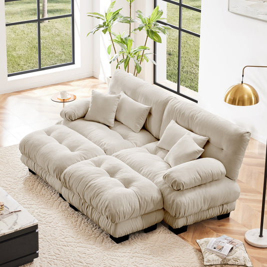 Cloud Couch Sleeper Sofa For Living Room, Chenille 2 Seater Sofa With 2 Lumbar Pillows And 2 Throw Pillows , Upholstered Wide Arm Sofa With 2 Ottomans,Chenille Light Coffee
