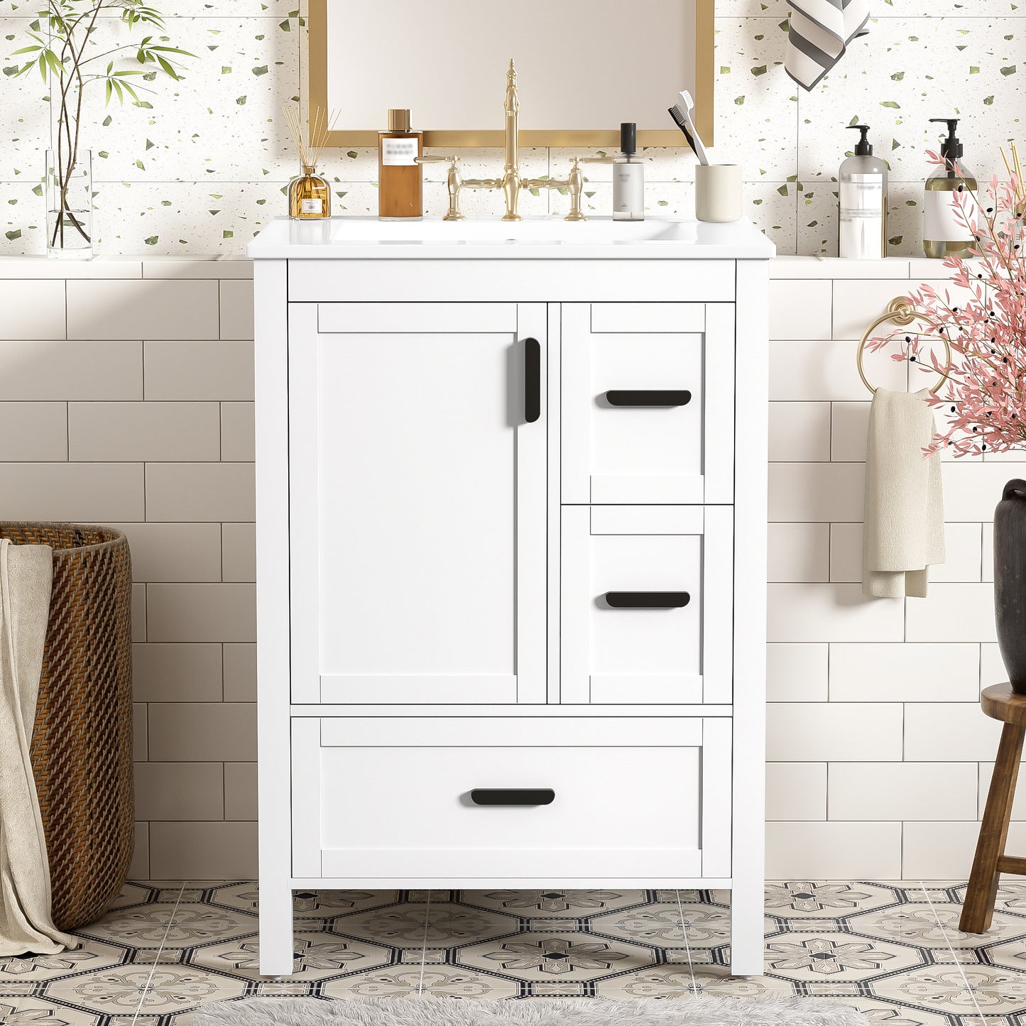 Modern 24-inch Bathroom Vanity With Ceramic Sink, Soft-Close Door, Double-Layer Door Shelf, And 3 Drawers