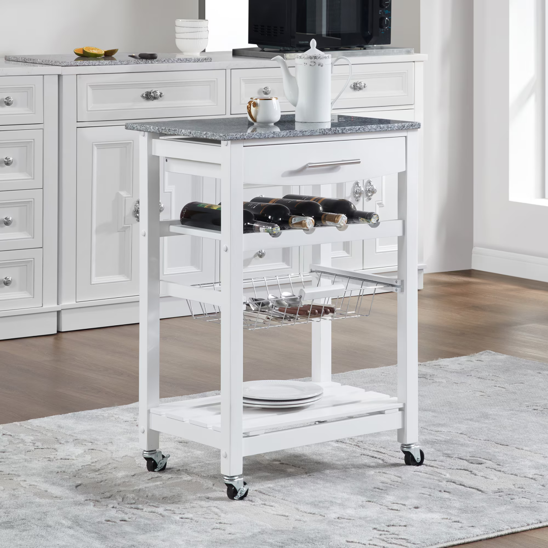 Mobile Rolling Kitchen Island Trolley Serving Cart With Underneath Drawer & Slide-Out Wire Storage Basket