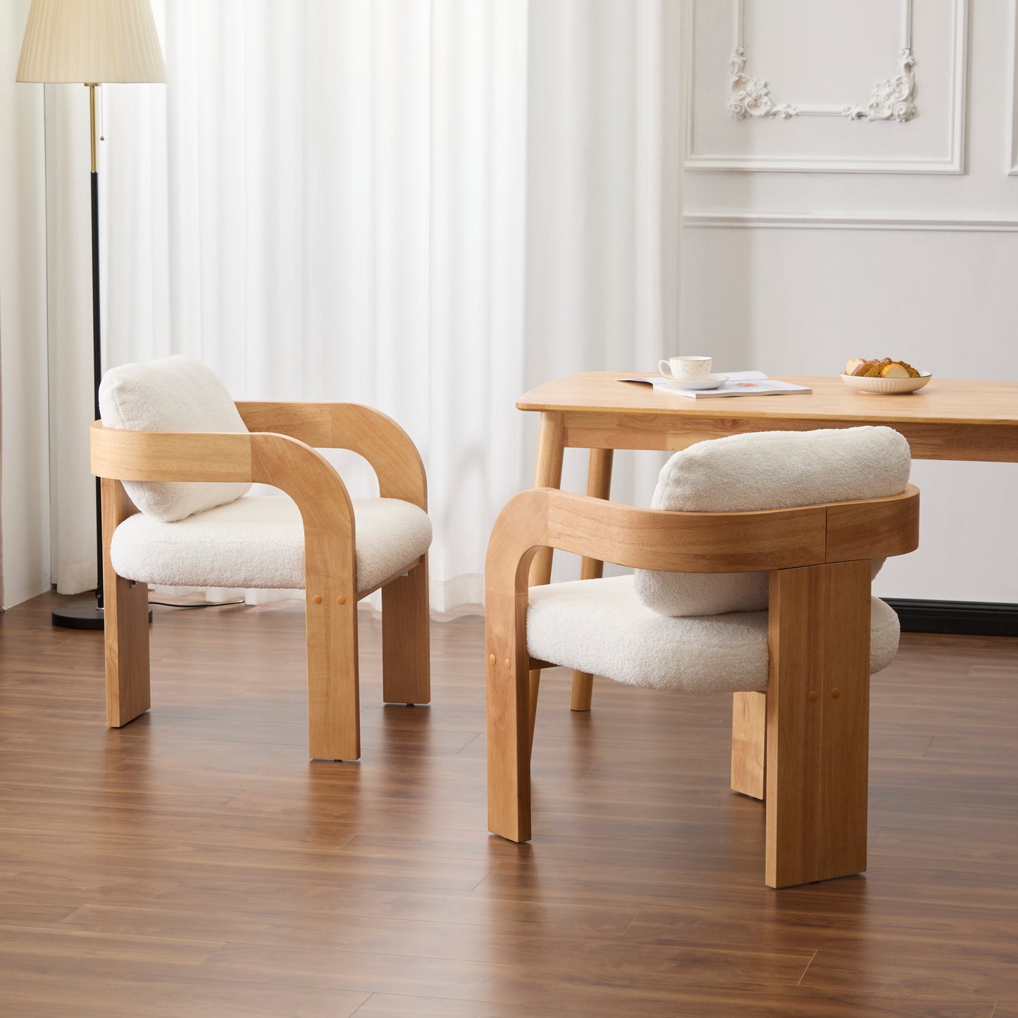 2-Pack Dining Chairs With Pillow Back, White Boucle Fabric, Natural Color Solid Wood Frame