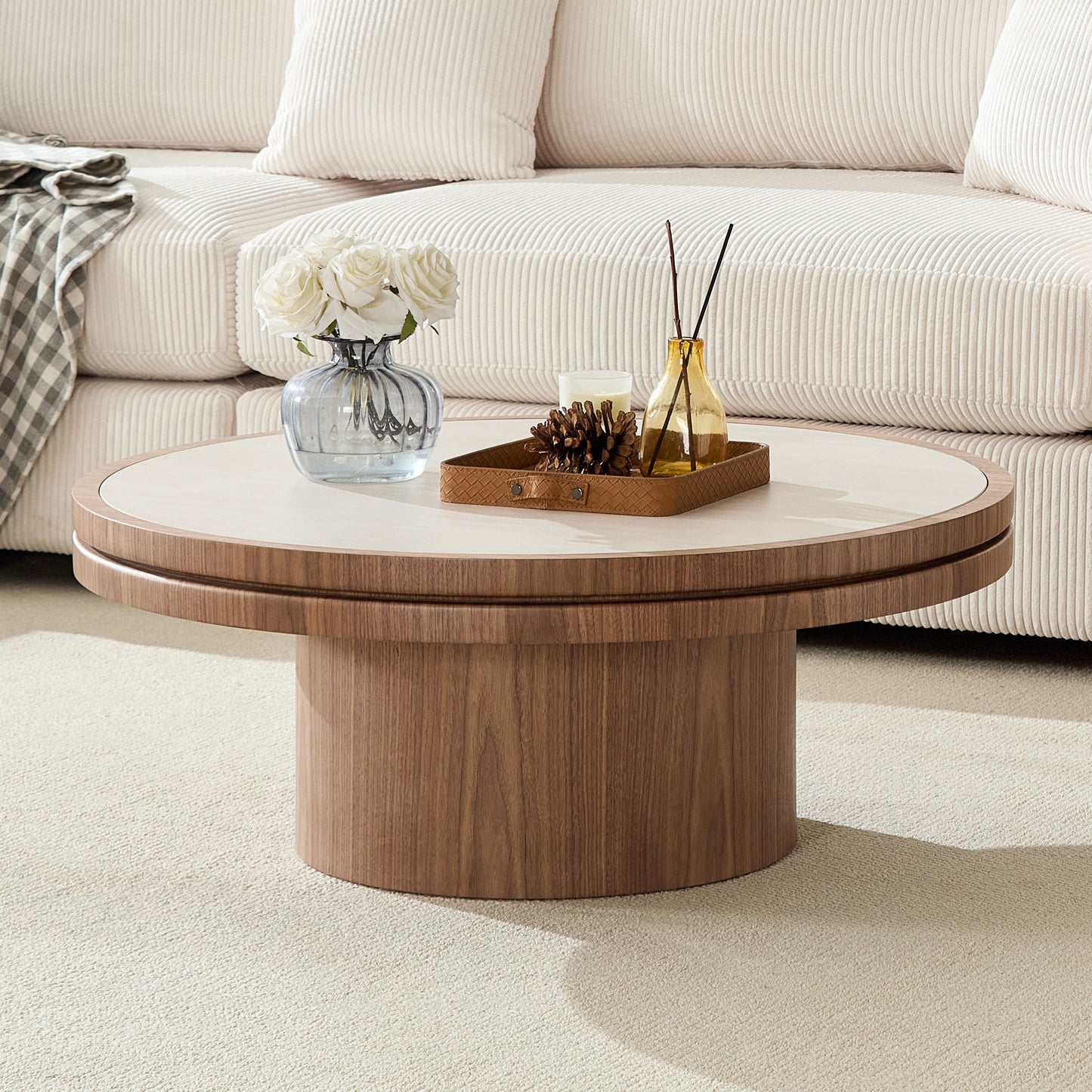 35.43 Inch Coffee Table Sintered Stone Tabletop With Sturdy MDF Pedestal For Living Room Apartment Bedroom, Reception Room WALNUT Easy Assembly