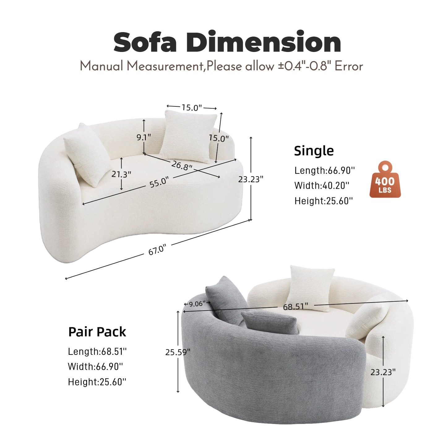 LY 042 S-Curved Chenille Sectional Sofa Dual-Depth  21.3 & 26.8   White  No Assembly  Compact For Small Spaces  400 Lbs  66.9 L