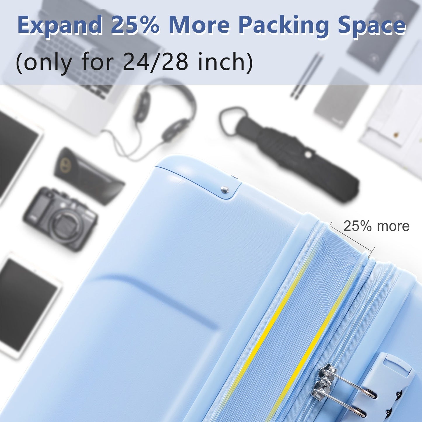 Hardshell Luggage, Lightweight Durable ABS Suitcases With Double Wheels, Expandable 24 Inch Checked Travel Luggage  Skyblue