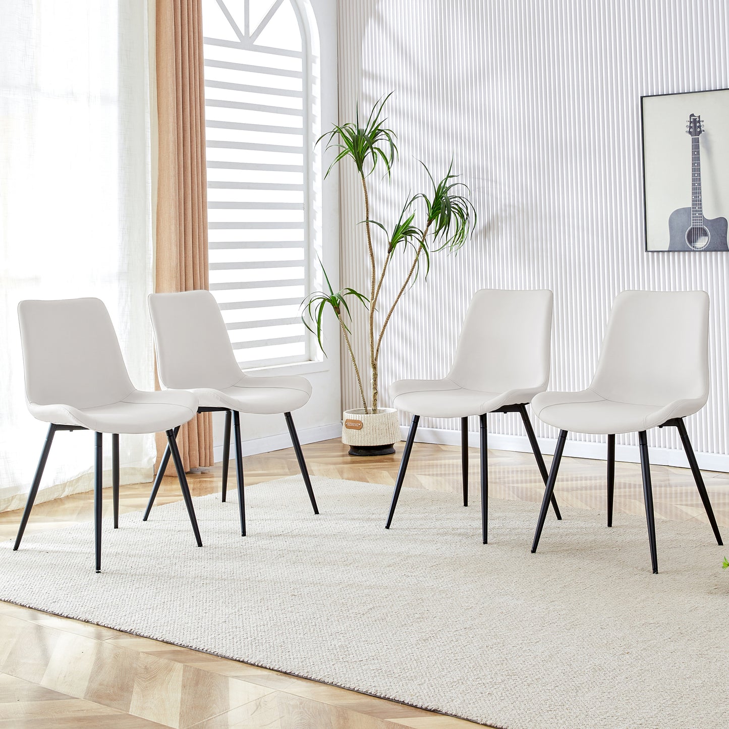 White Artificial Leather Backrest Cushion Dining Chair, Black Metal Legs, Curved Widened Cushion Design For More Comfort, Suitable For Restaurants, Kitchens, Bedrooms, Offices.  4 Chairs  W1151P180072