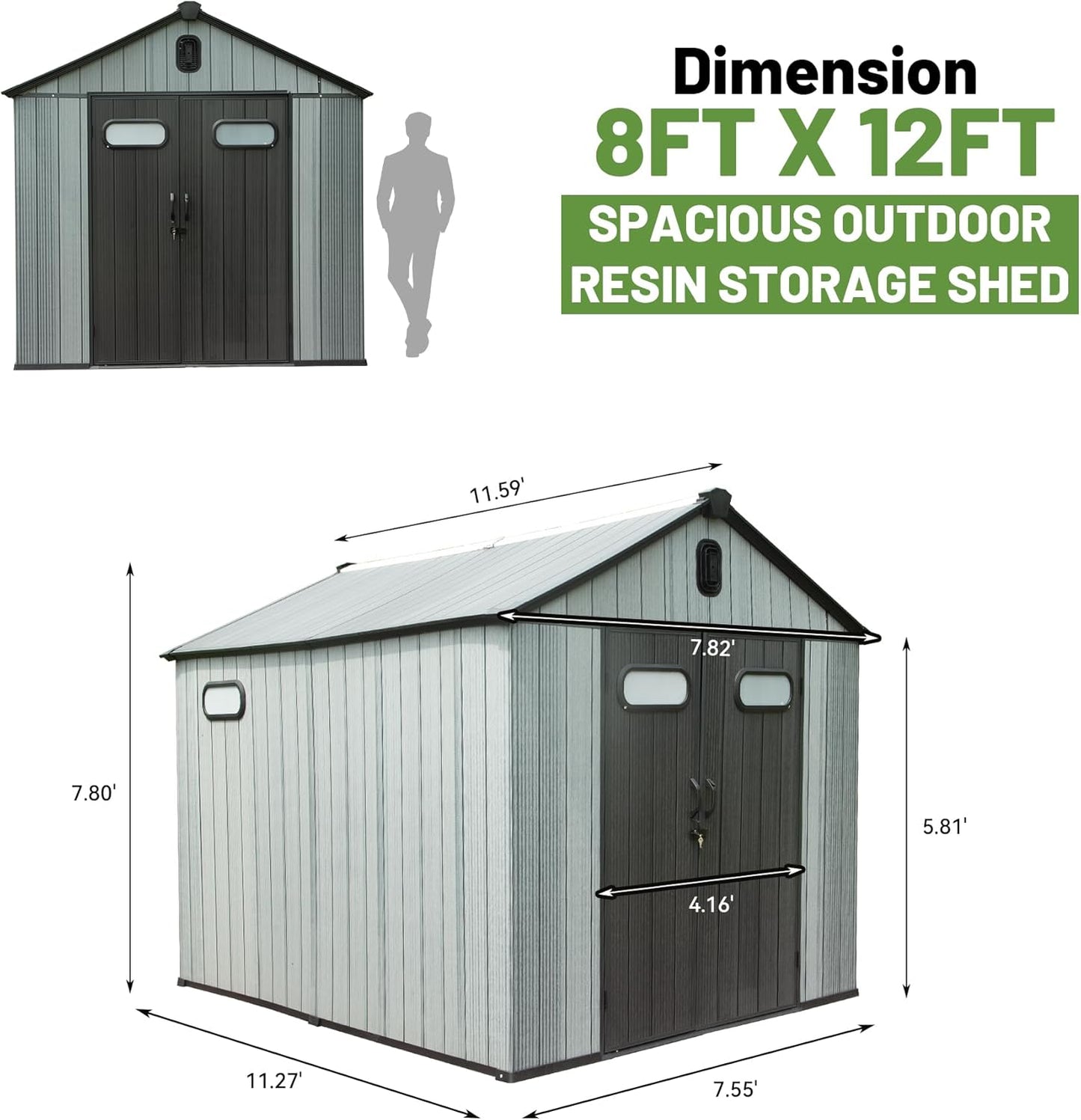 8X12FT Outdoor Resin Storage Shed, Waterproof Plastic Garden Shed With Lockable Door, Windows & Vents, Outside Tool Storage Shed For Patio Furniture, Lawn Mower, Bike
