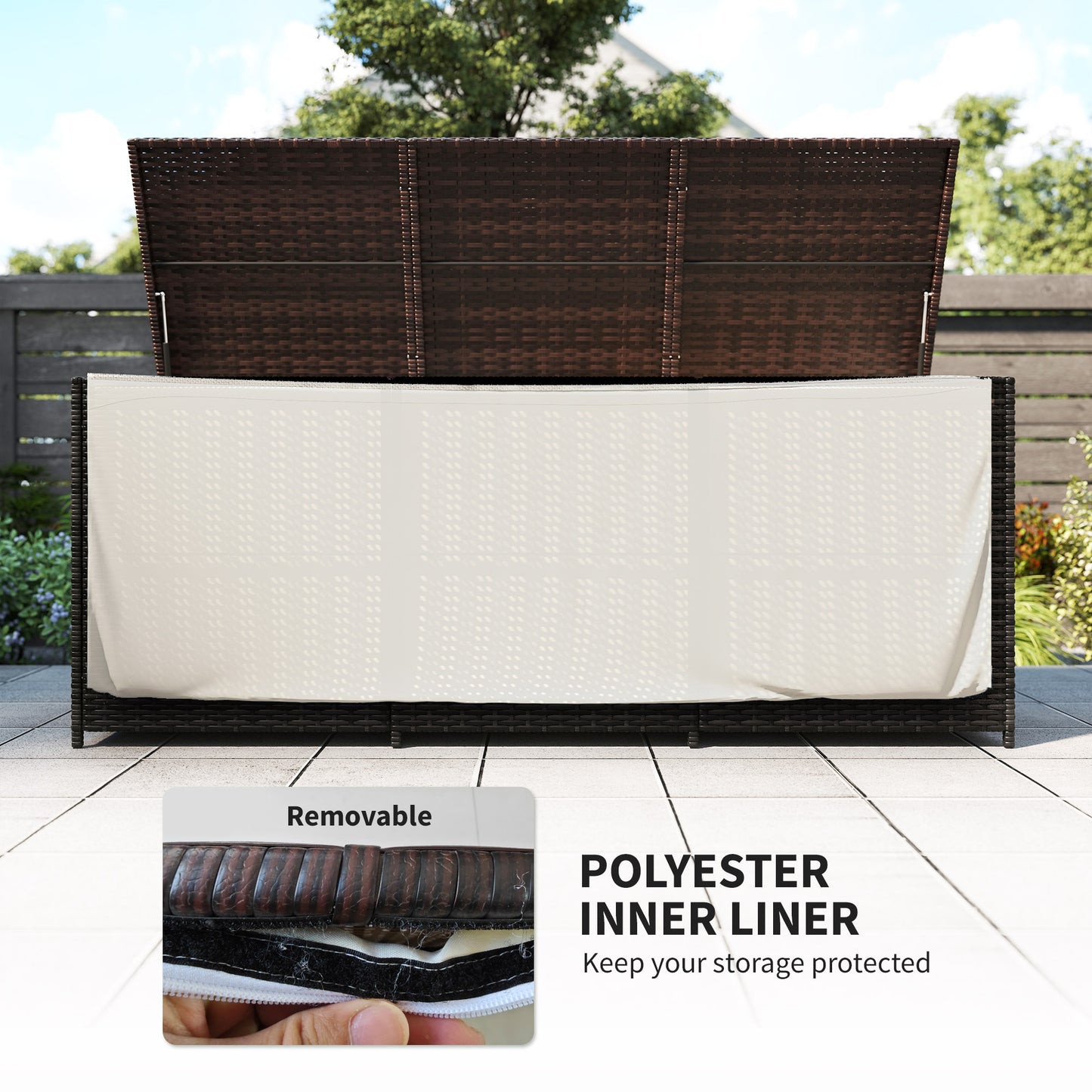 175 Gallon Outdoor Storage Box With Inner Liner, PE Rattan Wicker Deck Box With Pneumatic Bar Lift, Mixed Brown